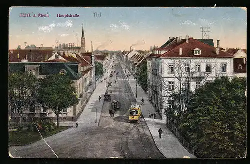 AK Kehl a. Rhein, Hauptstrasse mit Strassenbahn