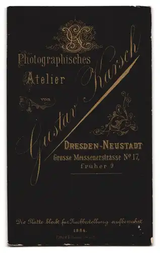 Fotografie Gustav Karsch, Dresden-Neustadt, Gr. Meissenerstr. 17, Portrait elegant gekleidete Frau am Holzgeländer