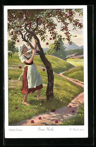Künstler-AK Otto Kubel: Brüder Grimm's Märchen: Frau Holle, Goldmarie schüttelt den Apfelbaum