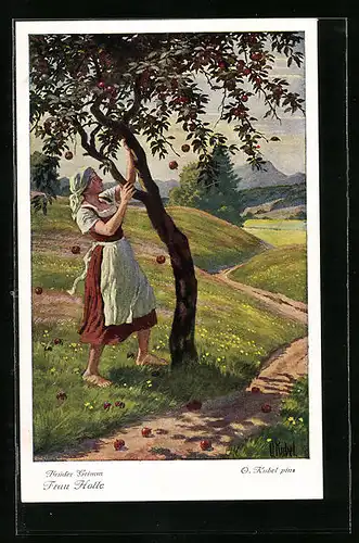 Künstler-AK Otto Kubel: Brüder Grimm's Märchen: Frau Holle, Goldmarie schüttelt den Apfelbaum