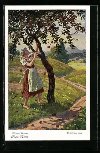 Künstler-AK Otto Kubel: Brüder Grimm's Märchen: Frau Holle, Goldmarie schüttelt den Apfelbaum