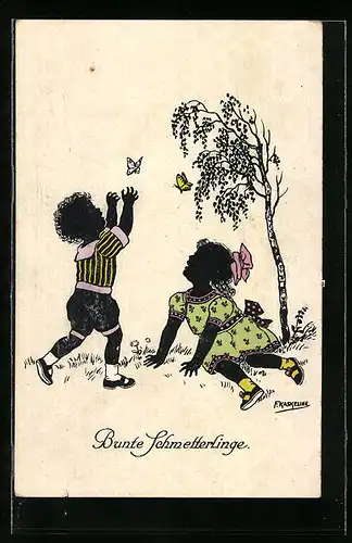Künstler-AK Friedrich Kaskeline: Bunte Schmetterlinge, Kinderpaar auf einer Wiese