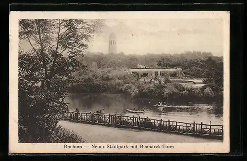 AK Bochum, Neuer Stadtpark mit Bismarck-Turm