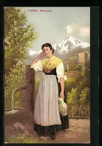 AK Hübsche Meranerin mit Wasserkrug im Trachtenkleid