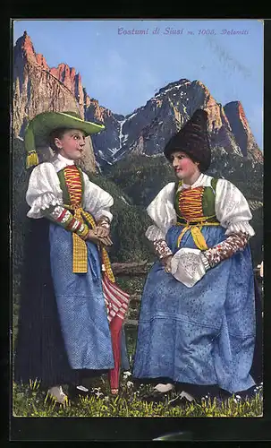 AK Costumi di Siusi, zwei Südtirolerinnen in Volkstracht