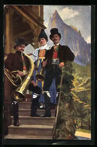 AK Musiker und Liebespaar vor der Seiser Musikkapelle