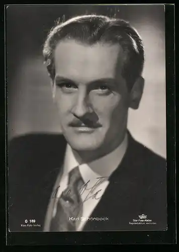 AK Schauspieler Karl Schönbock mit Schnurrbart, mit original Autograph
