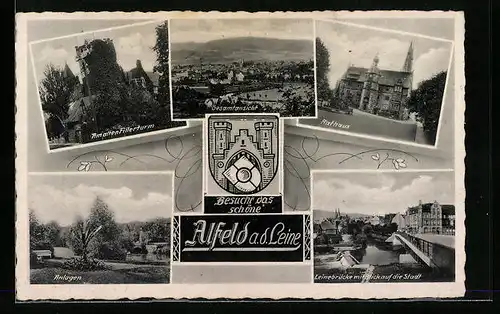AK Alfeld a. d. Leine, Leinebrücke, Rathaus, alter Fillerturm