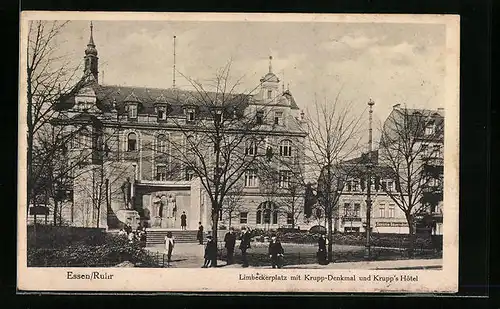 AK Essen / Ruhr, Limbeckerplatz mit Krupp-Denkmal und Krupp's Hotel