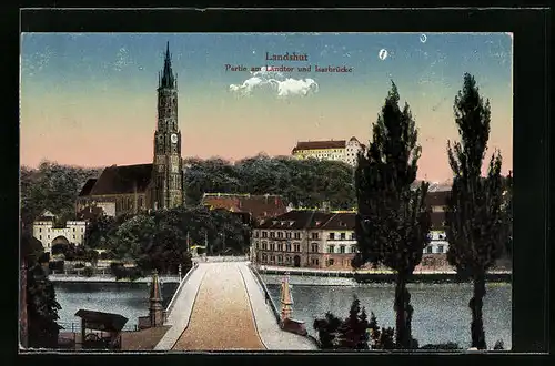 AK Landshut, Partie am Ländtor und Isarbrücke