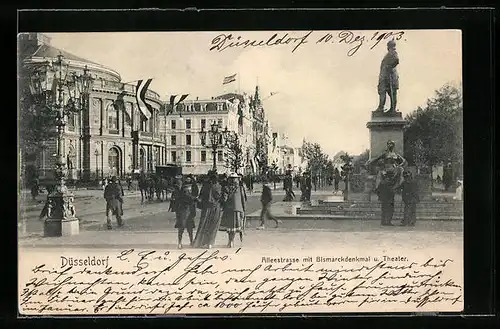 AK Düsseldorf, Aleestrasse mit Bismarckdenkmal und Theater