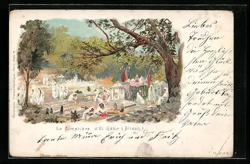 Lithographie Blidah, le Cimetière d'El Kébir