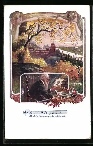 Künstler-AK W. Braun: Deutscher Schulverein Nr. 1240: Herbstliche Landschaft, Alte Burschen Herrlichkeit, Lied mit Noten