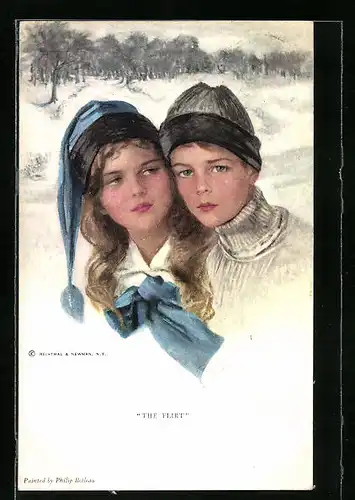 Künstler-AK Philip Boileau: The Flirt, Junges Pärchen im Schnee