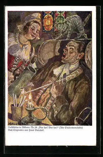 Künstler-AK Hans Baluschek: Volksliedkarte Nr. 29: Bier her! Bier Her!, Alte Studentenmelodie
