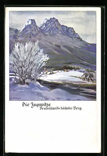 Künstler-AK Otto Amtsberg: Die Zugspitze mit Wanderern im Schnee
