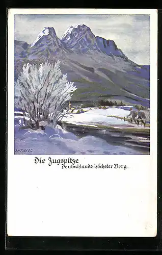 Künstler-AK Otto Amtsberg: Die Zugspitze mit Wanderern im Schnee