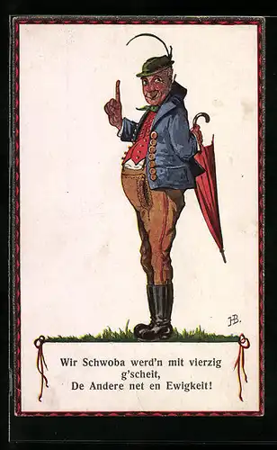 Künstler-AK Hans Boettcher: Gruss aus Schwaben, Schwabe mit erhobenem Zeigefinger