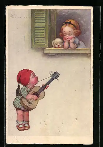 Künstler-AK E. Colombo: Junge spielt für Mädchen Gitarre