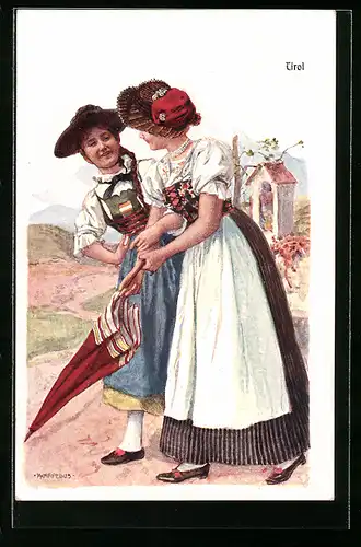 Künstler-AK Adolf Karpellus: Zwei Frauen in Tracht mit Schirm