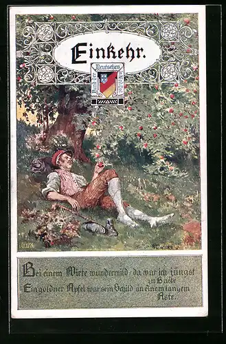 Künstler-AK Anton Marussig: Einkehr, Mann liegt unter einem Apfelbaum