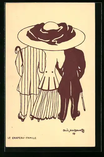 Künstler-AK A. Mertzanoff: Le Chapeau-Famille, Frau und zwei Männer unter einem Hut