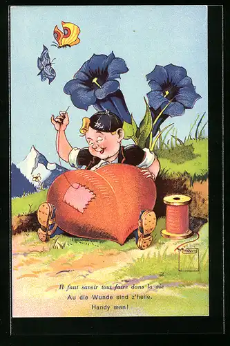 Künstler-AK Paul Minouvis: Mann flickt ein Herz