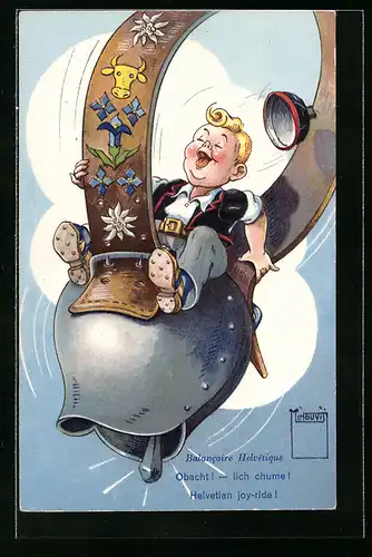 Künstler-AK Paul Minouvis: Mann fliegt auf einer Glocke