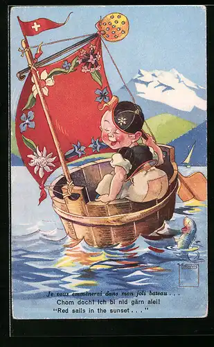 Künstler-AK Paul Minouvis: Mann in einem Zuber als Segelboot