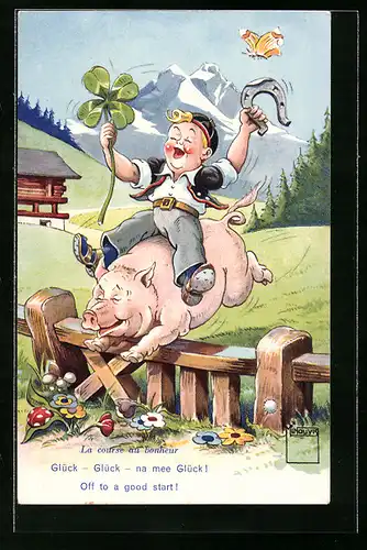 Künstler-AK Paul Minouvis: Mann auf Schwein springt über eine Hürde