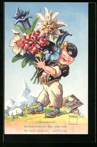 Künstler-AK Paul Minouvis: Mann mit einem Blumenstrauss