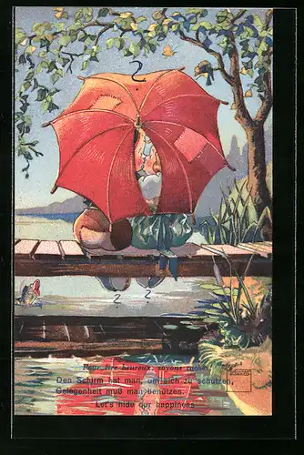 Künstler-AK Paul Minouvis: Sich küssendes Paar durch Loch im Schirm