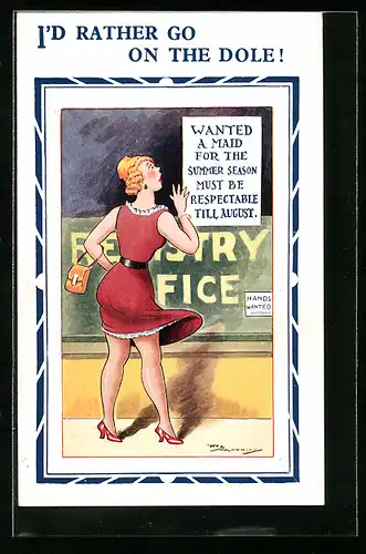 Künstler-AK Maurice: Frau im Kleid vor Anschlag am Schaufenster