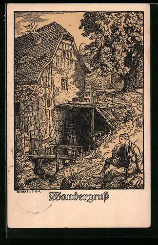 Künstler-AK Michaelis: Wandergruss, Mann sitzt an einer Wassermühle