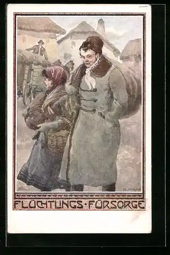 Künstler-AK Richard Moser: Flüchtlingspaar mit Gepäck