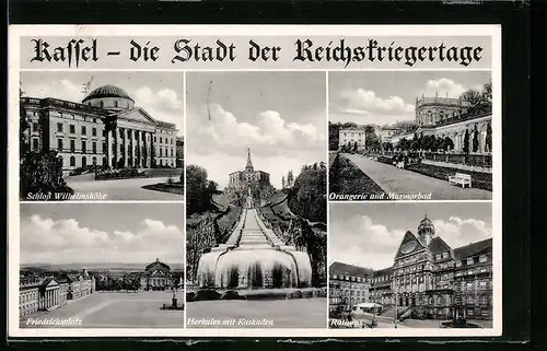 AK Kassel, Herkules mit Kaskaden, Rathaus, Friedrichsplatz, Schloss Wilhelmshöhe, Orangerie u. Marmorbad