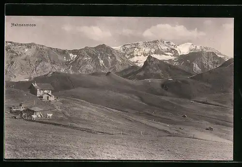 AK Adelboden, Hahnenmoos, Berghütte mit Gebirgswand