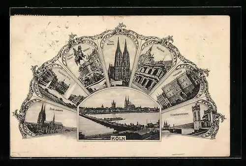 AK Köln am Rhein, Ortsansicht, Eisenbahnbrücke, Hahnentor, Rathaus, Dom, Denkmal Kaiser Wilhelm I., Deutscher Ring