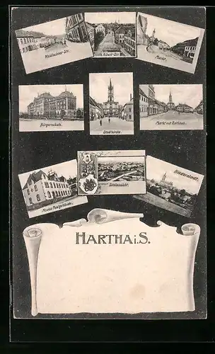 AK Hartha i. S., Waldheimer Strasse, Neues Postgebäude, Bürgerschule