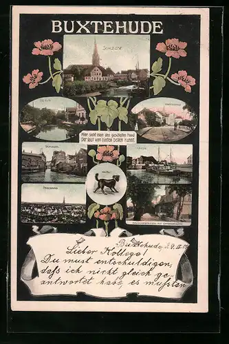 AK Buxtehude, Schleuse, Hafen, Bahnhofstrasse mit Bahnhof-Hotel