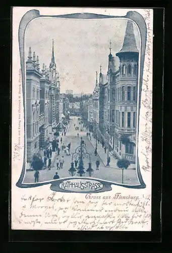 AK Flensburg, Rathausstrasse aus der Vogelschau