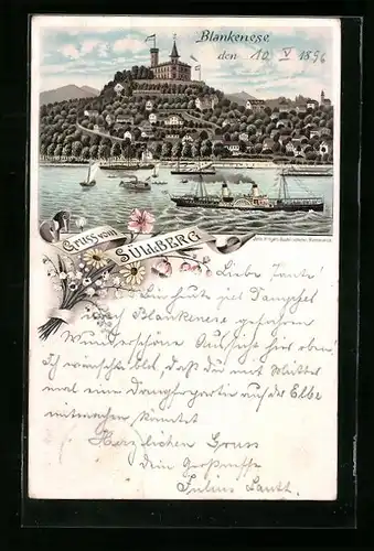 Lithographie Hamburg-Blankenese, Restaurant auf dem Süllberg, Dampfer auf der Elbe