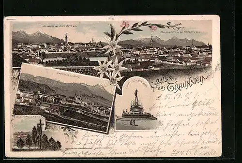 Lithographie Traunstein, Westlicher Stadtteil, Luitpold-Brunnen, Das Hohe Kreuz