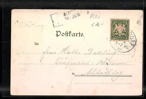 Lithographie Traunstein, Westlicher Stadtteil, Luitpold-Brunnen, Das Hohe Kreuz