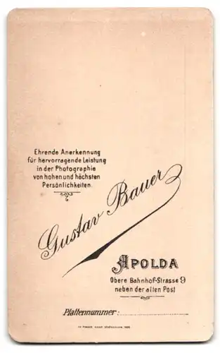 Fotografie Gustav Bauer, Apolda, Obere Bahnhof-Strasse 9, Junge Dame im Puffärmelkleid mit Dutt