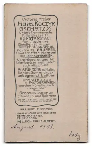 Fotografie Herm. Koczyk, Oschatz i. S., Ritter-Strasse 13, Bürgerliche Dame im karierten Kleid mit Spitzenausschnitt