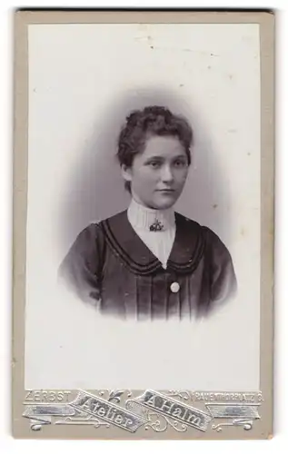 Fotografie A. Halm, Zerbst, Frauenthorplatz 6, Hübsche junge Dame im Kleid mit grossem Kragen