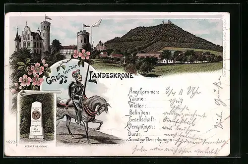 Lithographie Görlitz, Gasthaus Landeskrone, Körner Denkmal und Reiter