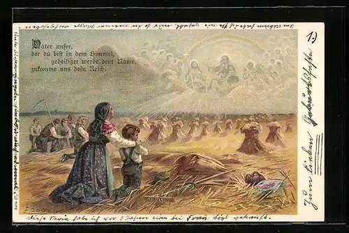 Künstler-AK E. Döcker: Betende Bäuerin mit Sohn auf dem Feld