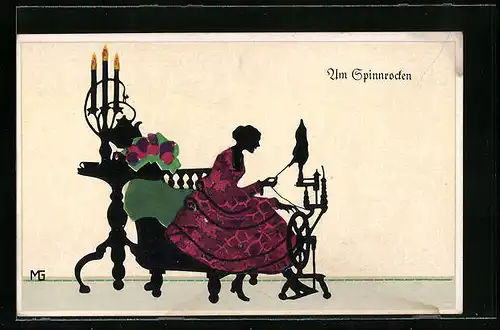Künstler-AK Marte Graf: Schattenbild, Frau am Spinnrad